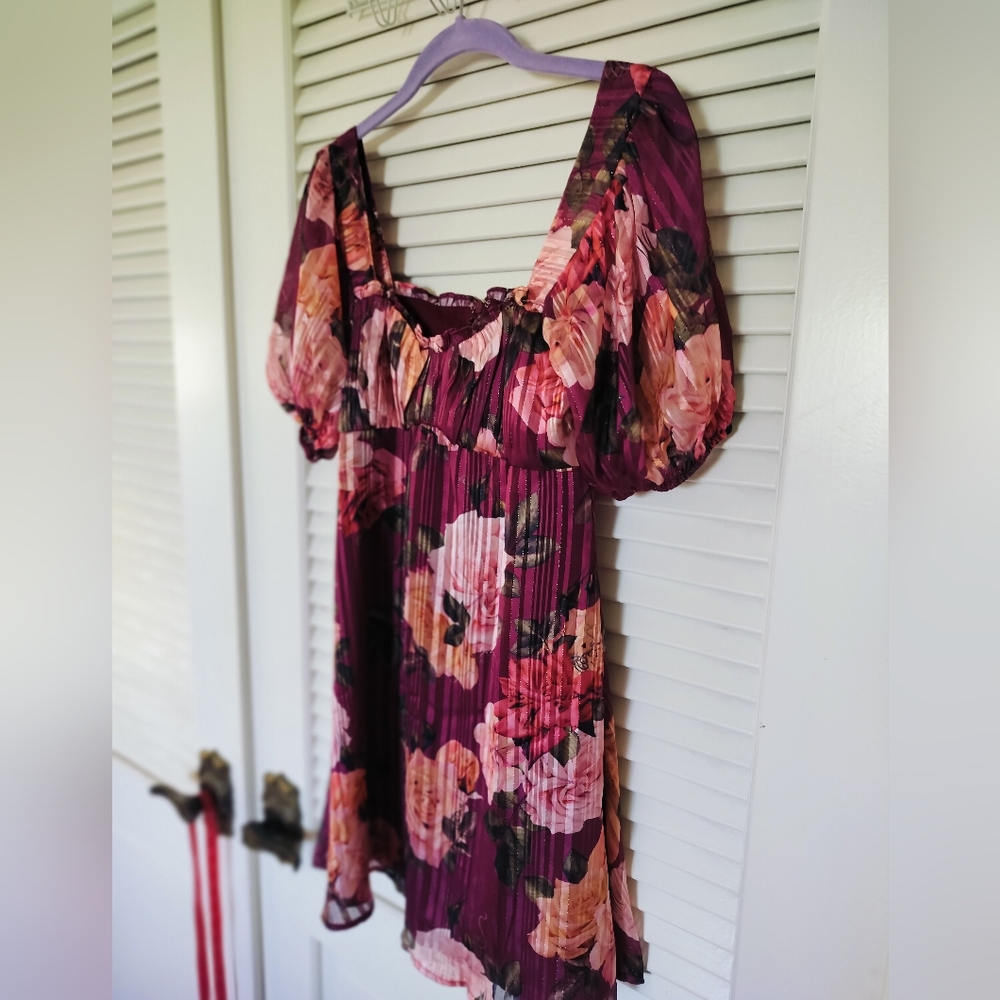 All In Favor Burgandy Floral Puff Sleeve Zip Back Mini Dress Size XS